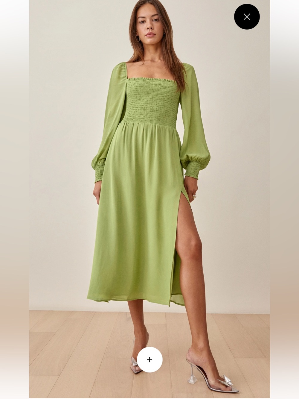 Reformation green cello Smocked Square-Neck Midi Dress. Size M